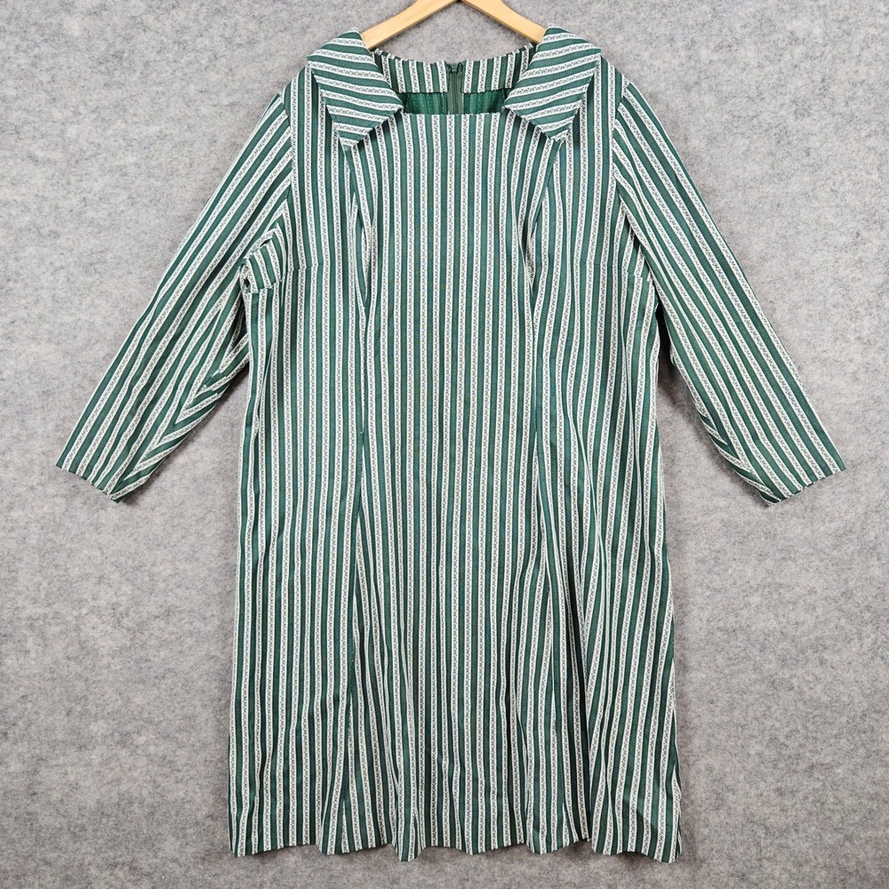 Vintage Unbranded Green/White‎ Striped Dress Women's Mod Retro Style ZIPPER PULL